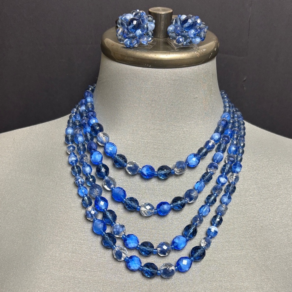 Vintage West Germany Four Strand Blue Glass Bead Necklace and Earrings Set